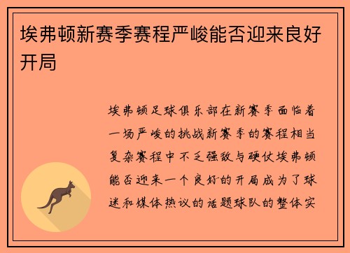 埃弗顿新赛季赛程严峻能否迎来良好开局